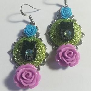 Handmade Vintage Black Owl and Roses Earrings